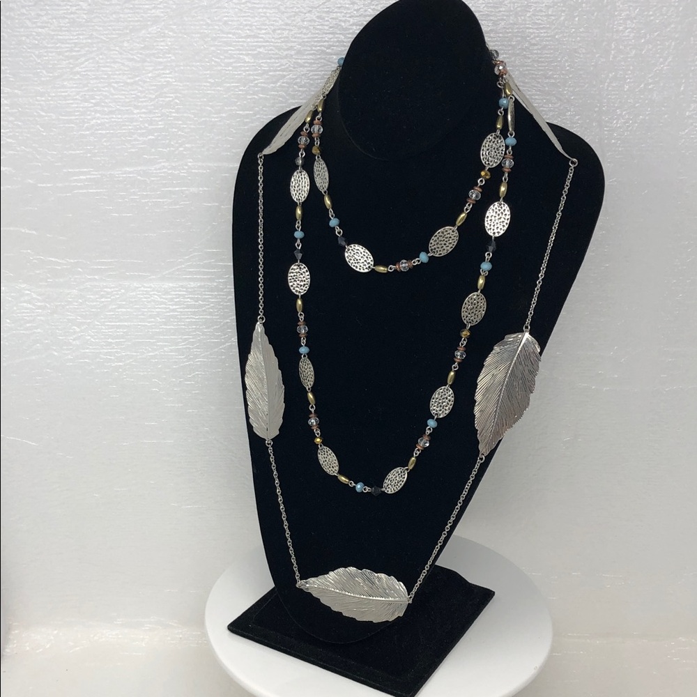 Set Of Two Necklaces Silver Tone Leaves & Long Beaded